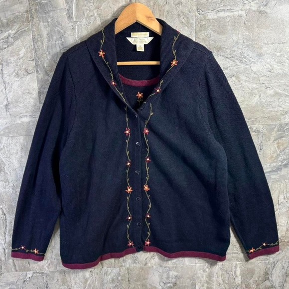 Christopher & Banks Sweaters - Hand embroidered CJ Banks Navy blue floral embroidered cardigan button front XL